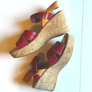 Kork-Ease NEW AVA Red Tan Cork Platform Wedge Peep-Toe Leather Sandal 40.5